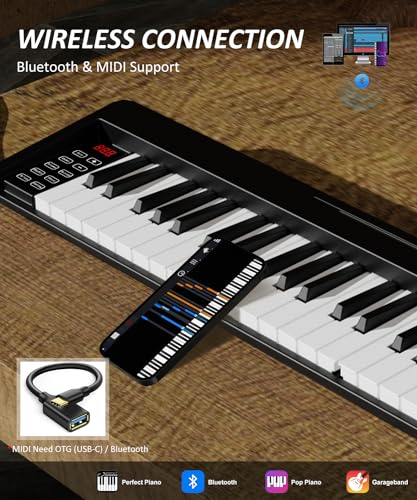 Upgrand 61-Key Foldable Bluetooth Keyboard Piano, Wood Texture
