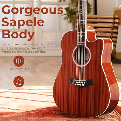 Vangoa 12 String Acoustic Electric Cutaway Guitar Bundle