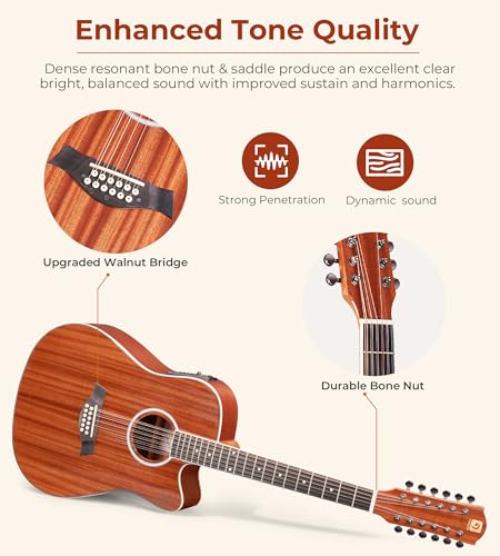 Vangoa 12 String Acoustic Electric Cutaway Guitar Bundle