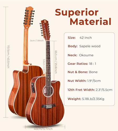 Vangoa 12 String Acoustic Electric Cutaway Guitar Bundle