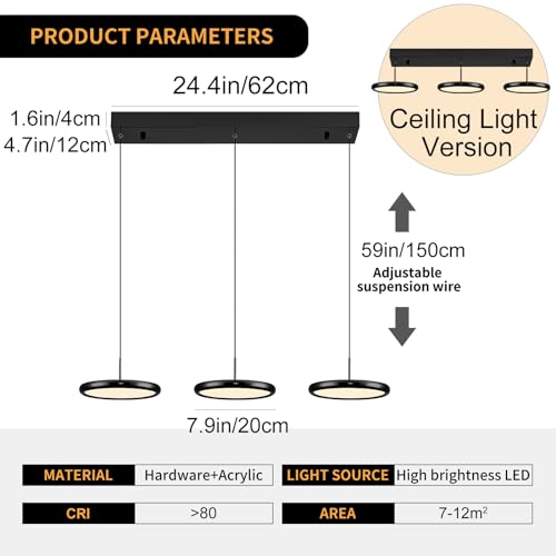 ORANOOR Black Pendant Lighting, Dimmable 3-Light LED Chandelier