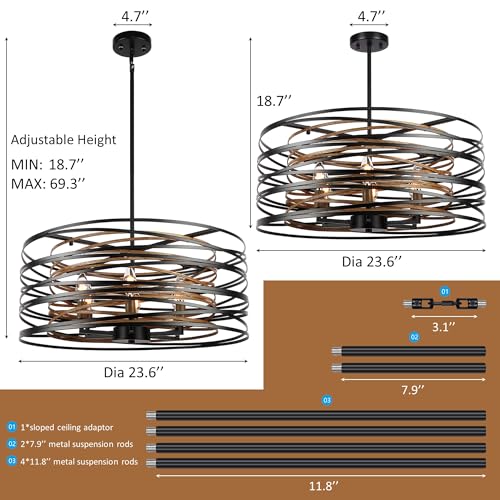 Rustic Drum Chandelier for Dining Room, Modern Farmhouse Lighting