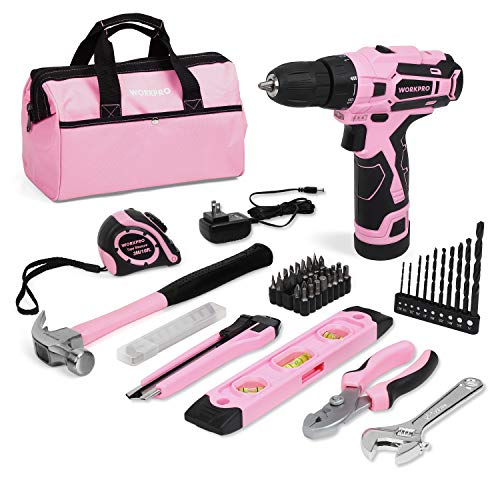 WORKPRO Pink Cordless Drill Driver with 61-Piece Tool Set