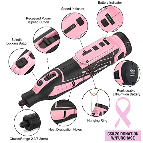VIP WORKPRO Cordless Rotary Tool Kit, Pink, 5 Speeds
