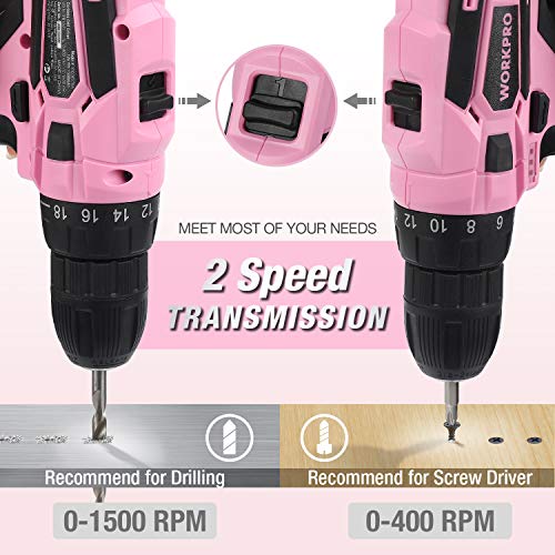 WORKPRO Pink Cordless Drill Driver with 61-Piece Tool Set