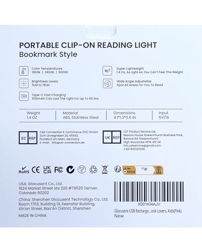 Glocusent Portable Clip-on Book Light, Dimmable & Compact