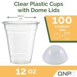 12oz Clear Plastic Cups with Dome Lids - 100 Set