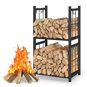 Portable 2-Tier Indoor Firewood Rack with Hooks