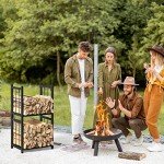 Portable 2-Tier Indoor Firewood Rack with Hooks