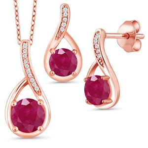 Ruby Birthstone Diamond Pendant Earrings Jewelry Set