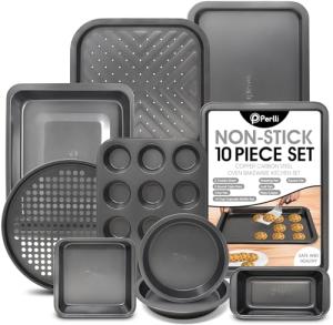 PERLLI Non-Stick 10-Piece Bakeware Set – Carbon Steel with Even Heat Distribution, Oven Safe to 446°F, BPA-Free, Dishwasher Safe, Stackable Baking Tools for Easy Storage and Everyday Cooking - Gray