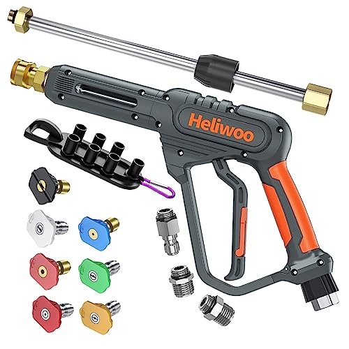 Heliwoo High Pressure Washer Gun with Swivel Ends, Power Washer Gun with M22 14mm & 15mm Fitting, 3/8" Swivel USA-NPT Thread, 7 Nozzle Tips, Replacement Extension Wand - 3600PSI/5.5 GPM