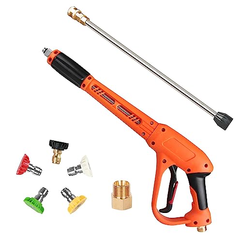 Sooprinse High Pressure Washer Gun, Power Washer Gun with Replacement Extension Wand, 5 Nozzles Tips, M22 Fitting, 37 Inch, 3000 PSI, Orange