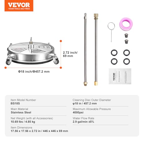 VEVOR 18" Pressure Washer Surface Cleaner with Wheels