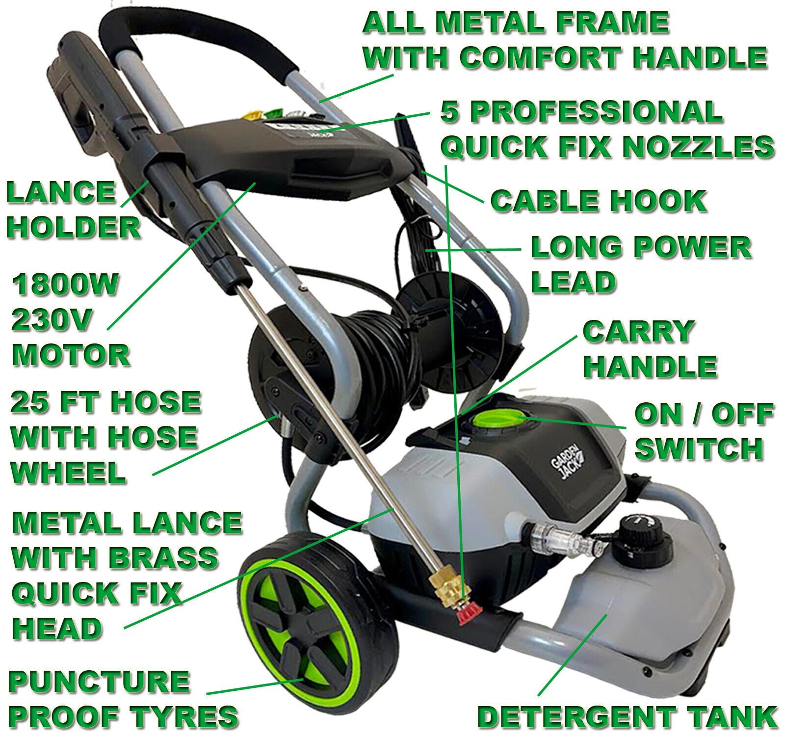 Gardenjack 1800W High Power Pressure Washer with 5 Nozzles