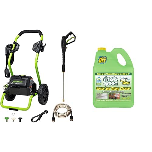 Greenworks 2000 Max PSI @ 1.1 GPM Electric Pressure Washer PWMA Certified & Oxy Solve House and Siding Pressure Washer Cleaner - Removes Stains from Mold & Mildew, Stucco - Concentrate 1 Gal.