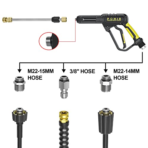 POHIR Pressure Washer Gun 3600 PSI with 3/8'' Swivel Quick Connect Extension Wand, M22 15mm and M22 14mm Fitting 40 Inch 7 Nozzle Tips