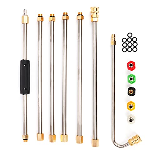 aleawol Gutter Cleaning Tool Pressure Washer Extension Wand Set, 4000 PSI High Pressure Washer Gun Extension Rod, Roof Cleaner Lance with 5 Pcs Nozzle Tips, 1/4 Inch Quick Connect, 10 Pcs Rubber Ring