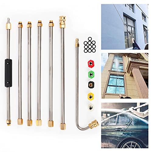 aleawol Gutter Cleaning Tool Pressure Washer Extension Wand Set, 4000 PSI High Pressure Washer Gun Extension Rod, Roof Cleaner Lance with 5 Pcs Nozzle Tips, 1/4 Inch Quick Connect, 10 Pcs Rubber Ring