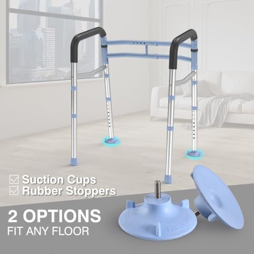 Delog Stand Alone Toilet Safety Rail - Adjustable Width & Height Fit Any Toilet, Medical Toilet Frame for Elderly Handicap Disabled, Folding Handrails with Storage and Padded Handles
