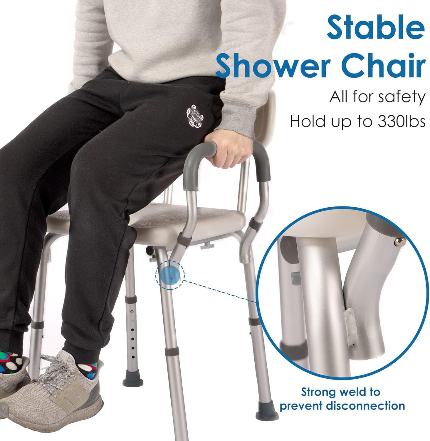 Shower Chair with Arms and Back Heavy Duty 330lbs Cutout Seat & Cold-Proof Pads