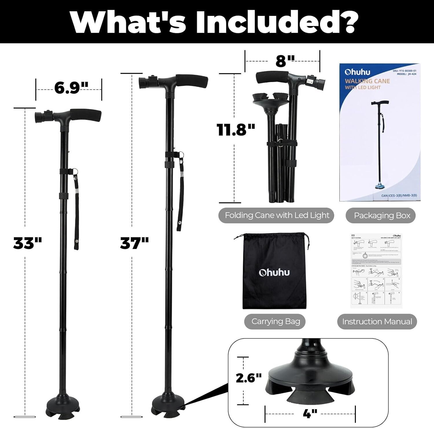 New Folding Walking Cane with LED Light, Adjustable Walking Stick with Carryin