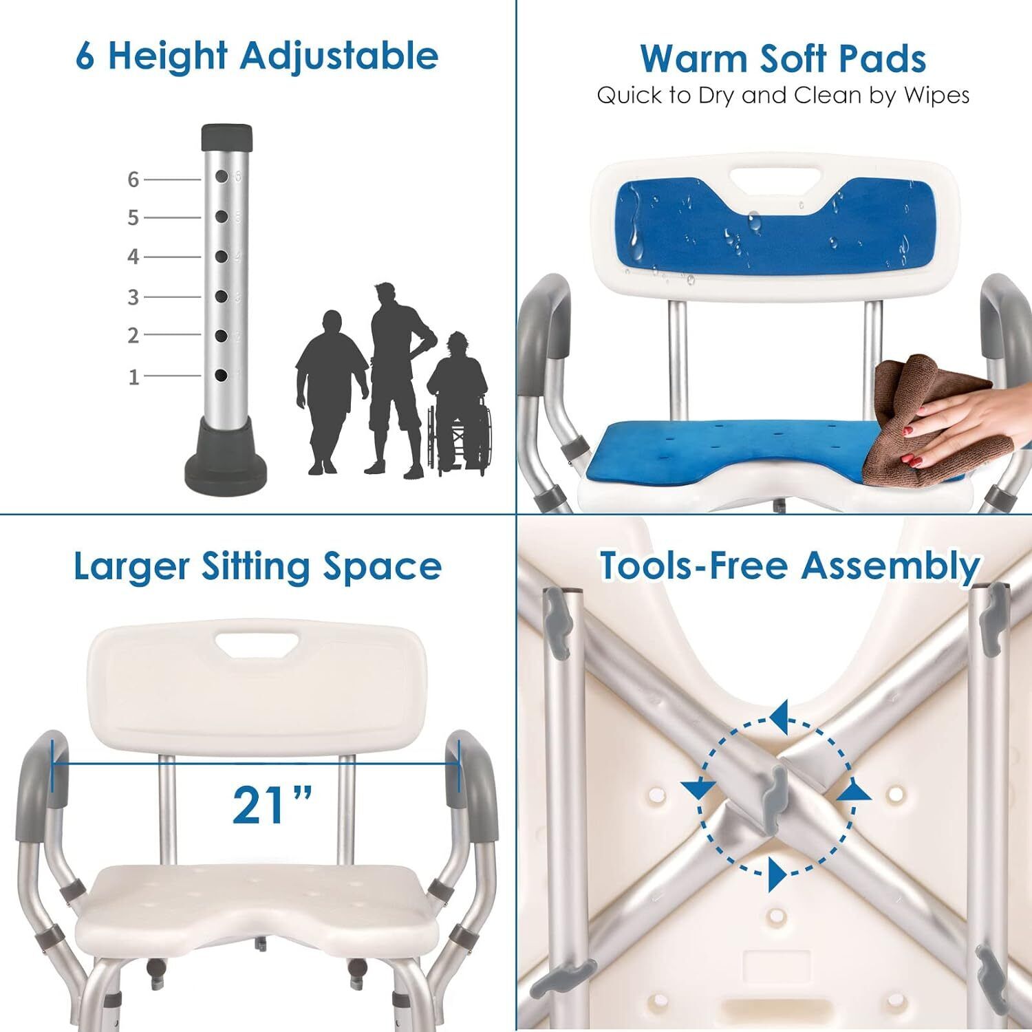 Shower Chair with Arms and Back Heavy Duty 330lbs Cutout Seat & Cold-Proof Pads