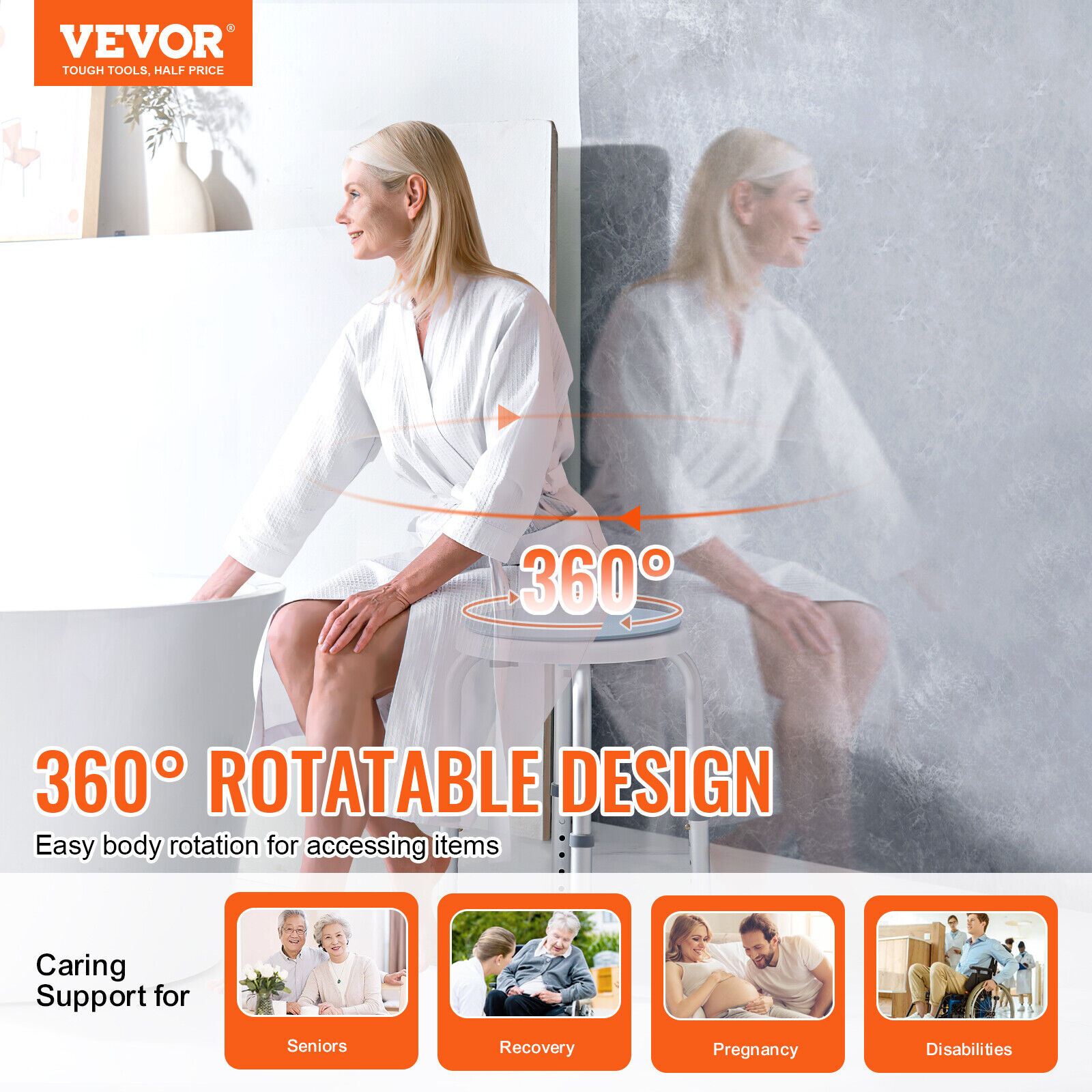 VEVOR Shower Chair Rotating Bath Seat Stool Elderly Aids Adjustable Height 300lb