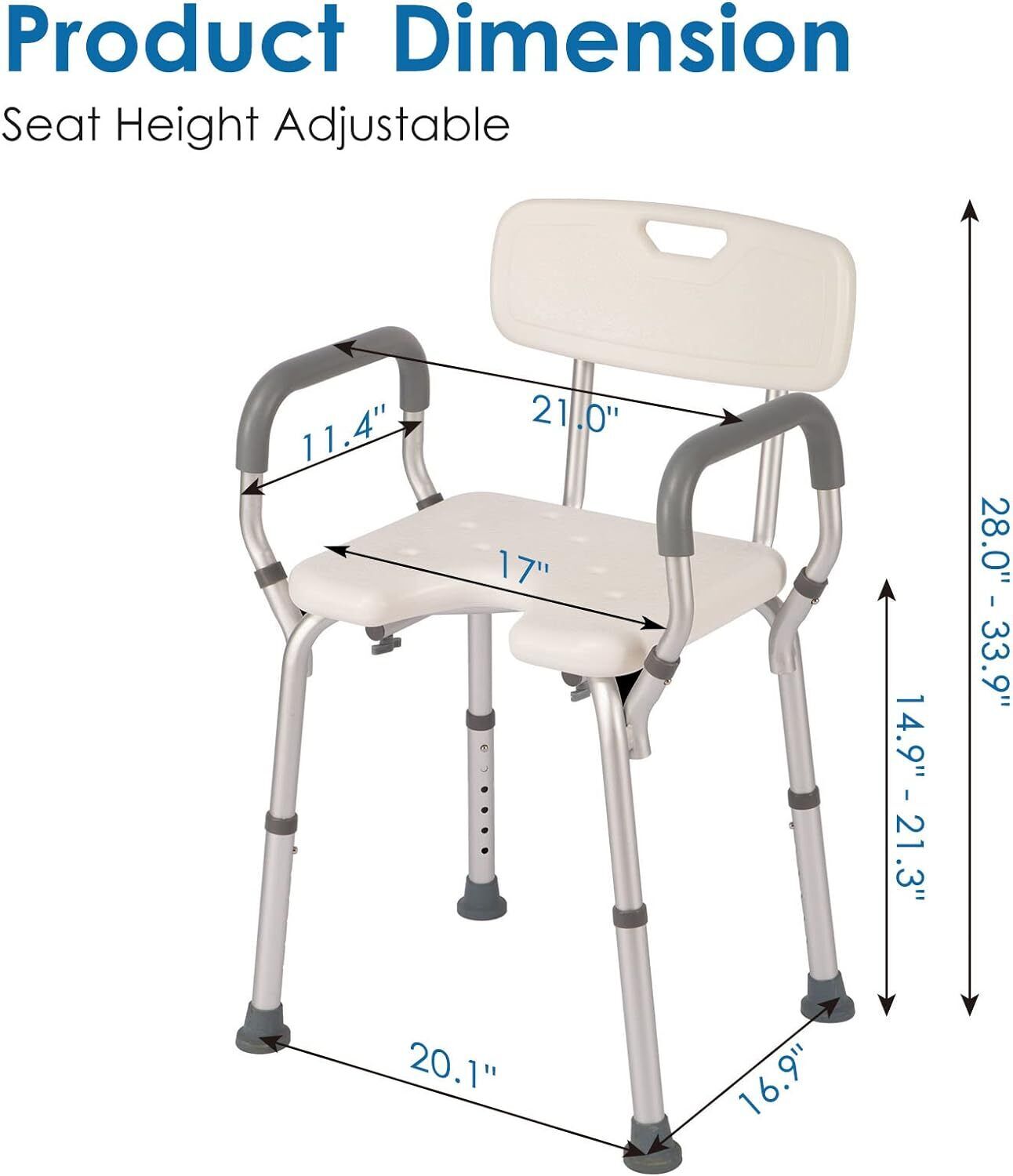 Shower Chair with Arms and Back Heavy Duty 330lbs Cutout Seat & Cold-Proof Pads