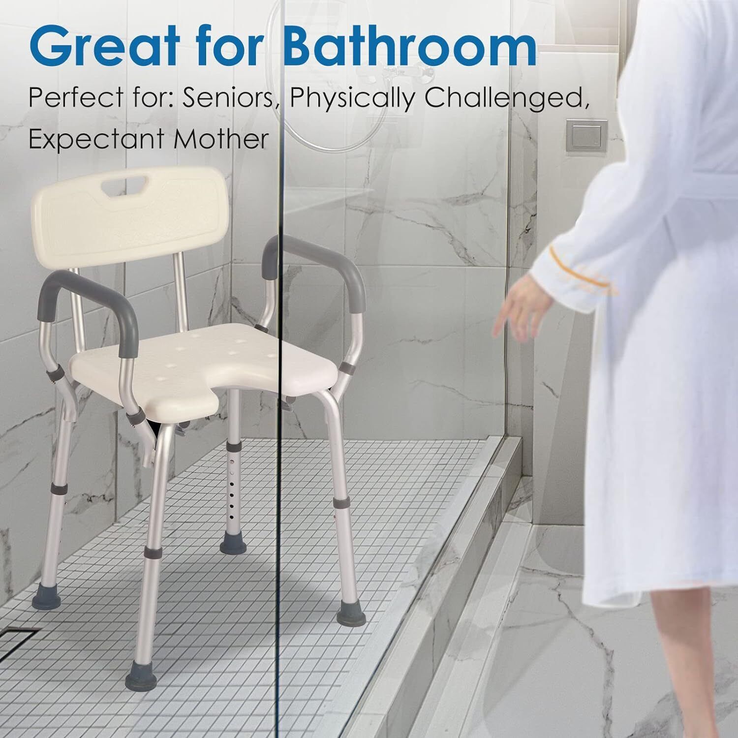 Shower Chair with Arms and Back Heavy Duty 330lbs Cutout Seat & Cold-Proof Pads