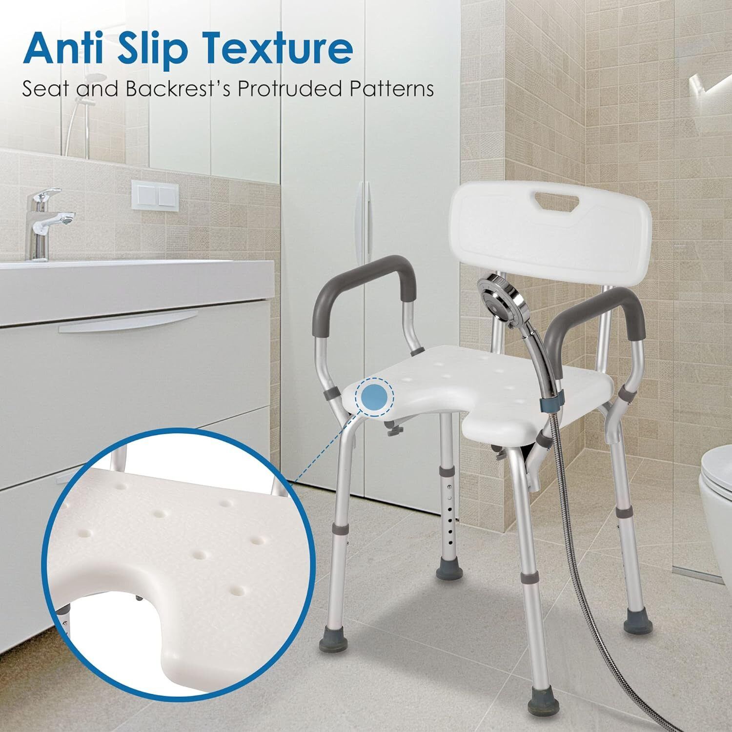 Shower Chair with Arms and Back Heavy Duty 330lbs Cutout Seat & Cold-Proof Pads