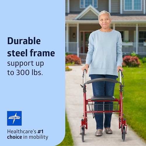 Medline Steel Rollator Walker, Adjustable Arms, Red, 300 lbs