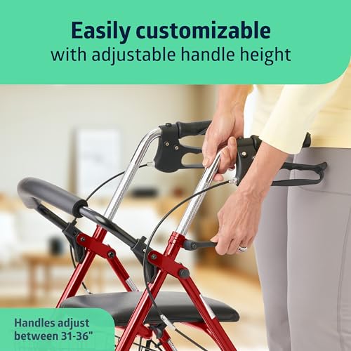 Medline Steel Rollator Walker, Adjustable Arms, Red, 300 lbs