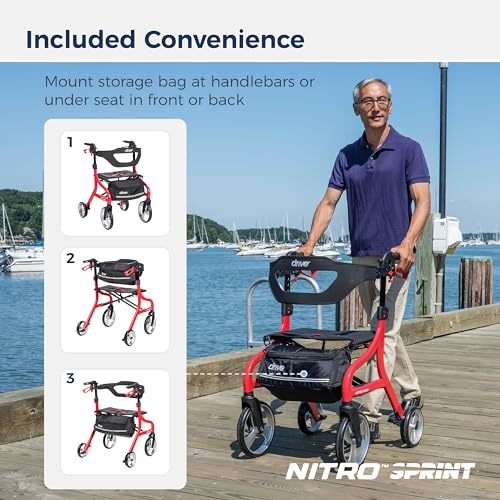 Foldable Rollator Walker with Seat, Lightweight & Red