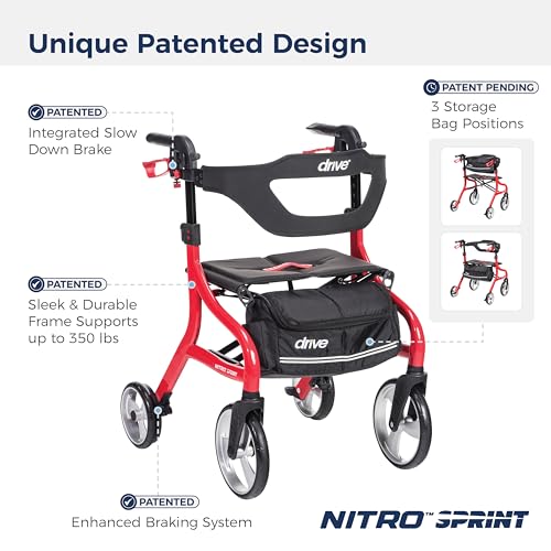 Foldable Rollator Walker with Seat, Lightweight & Red