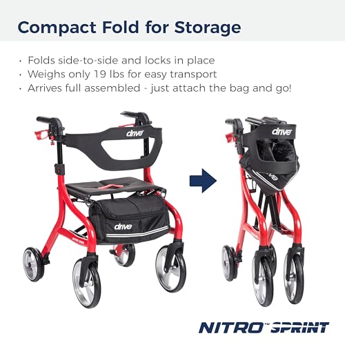 Foldable Rollator Walker with Seat, Lightweight & Red