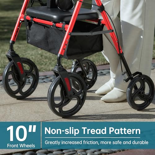 Adjustable Red Rollator Walker with 10" Wheels