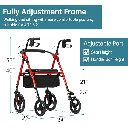 Adjustable Red Rollator Walker with 10" Wheels