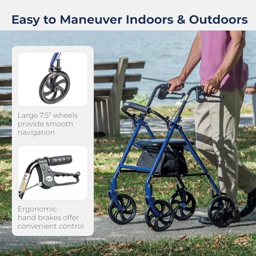 Blue 4 Wheel Rollator Walker - Height Adjustable