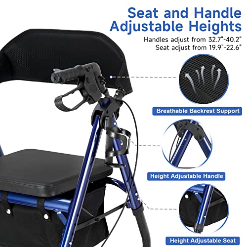 Blue Rollator Walker with Adjustable Seat and Locking Brakes