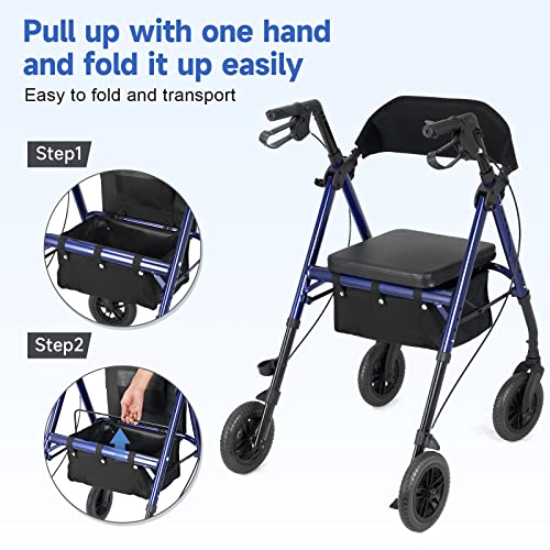 Blue Rollator Walker with Adjustable Seat and Locking Brakes