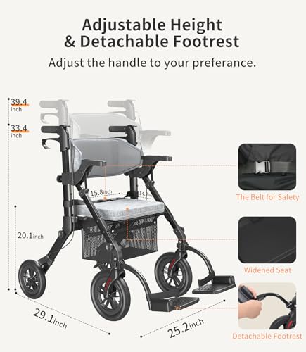 2-in-1 Rollator Wheelchair Combo, Lightweight with Seat