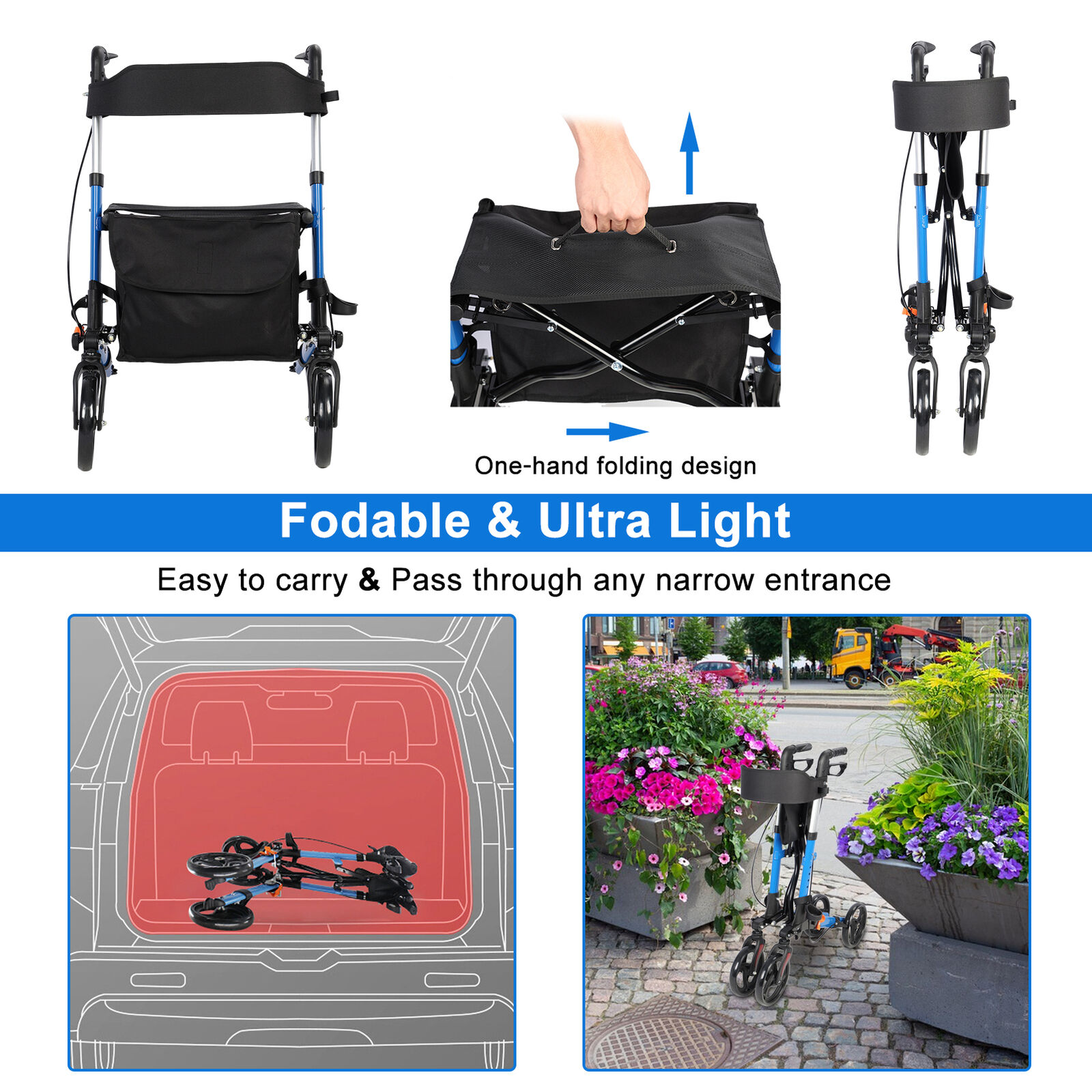 Lightweight Foldable Rollator Walker, Wheels, Seat, Storage Bag