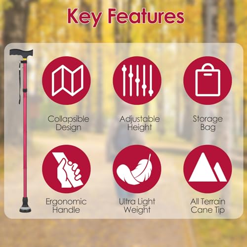 Red Foldable Walking Cane for Senior Men & Women