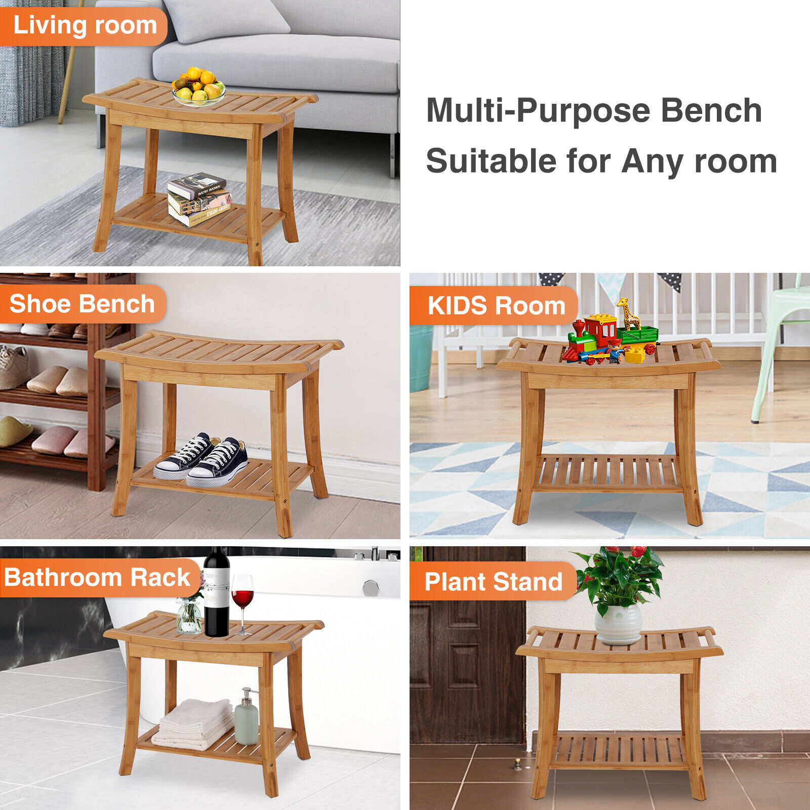 Bamboo Shower Seat Bench Bathroom Spa Bath Chair Organizer Stool Storage Shelf