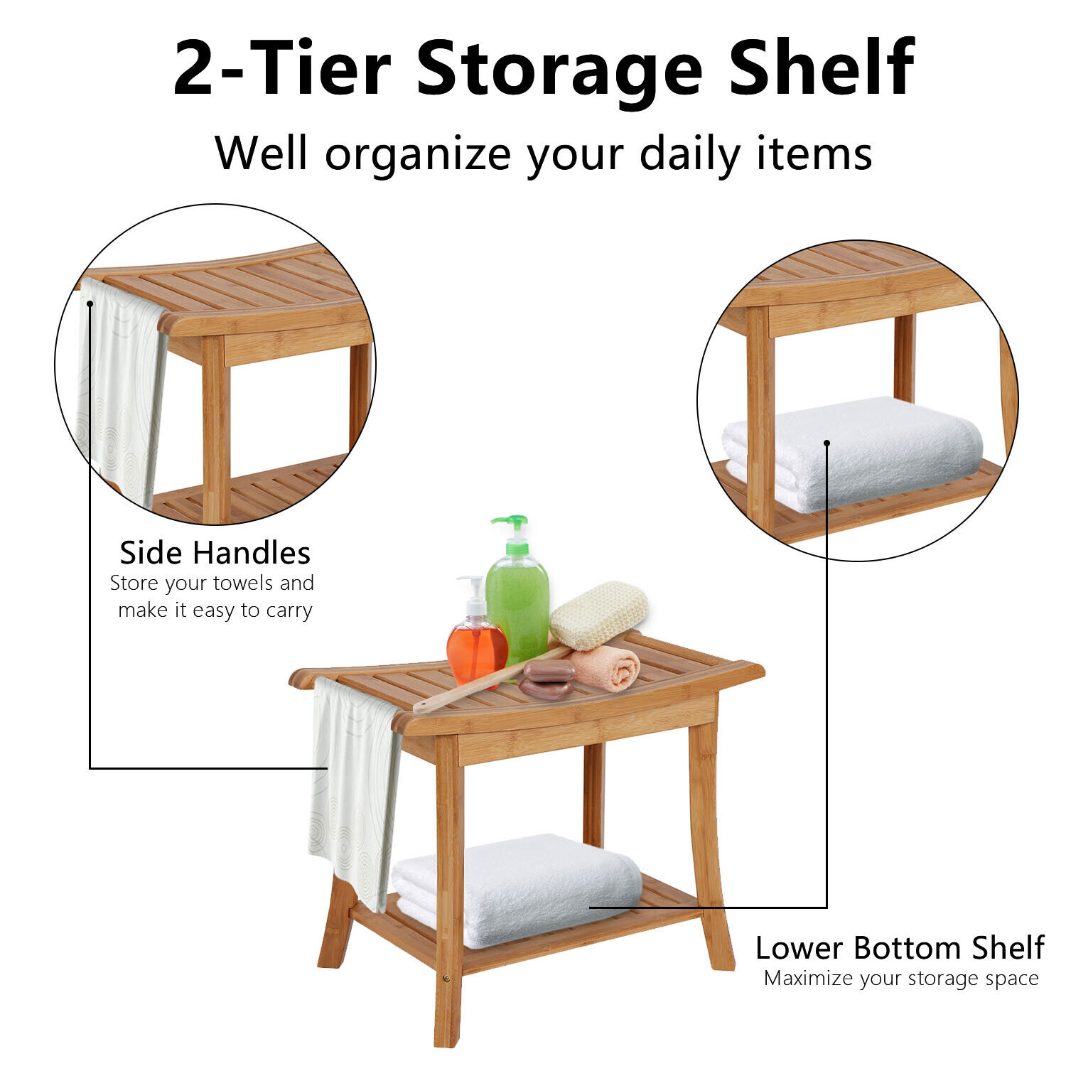Bamboo Shower Seat Bench Bathroom Spa Bath Chair Organizer Stool Storage Shelf