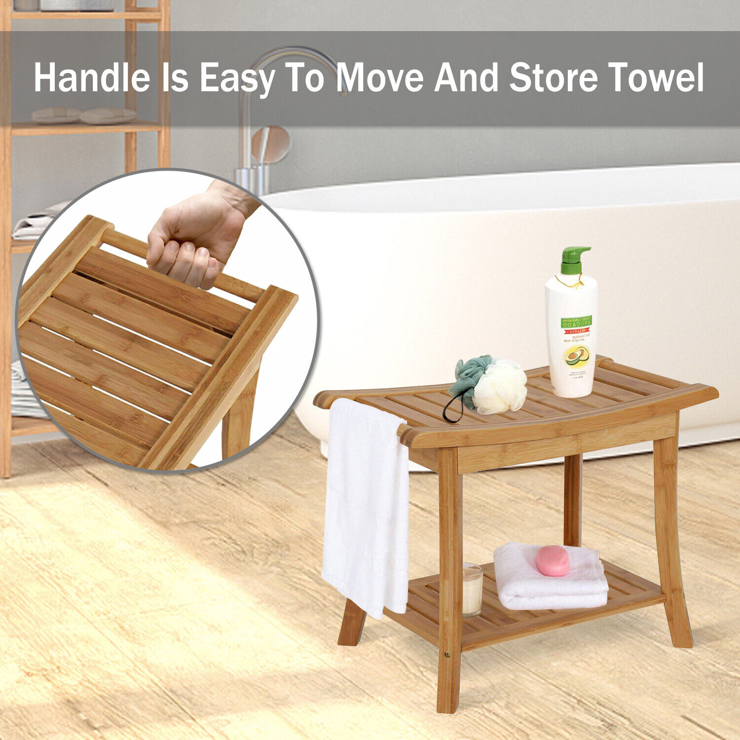 Bamboo Shower Seat Bench Bathroom Spa Bath Chair Organizer Stool Storage Shelf