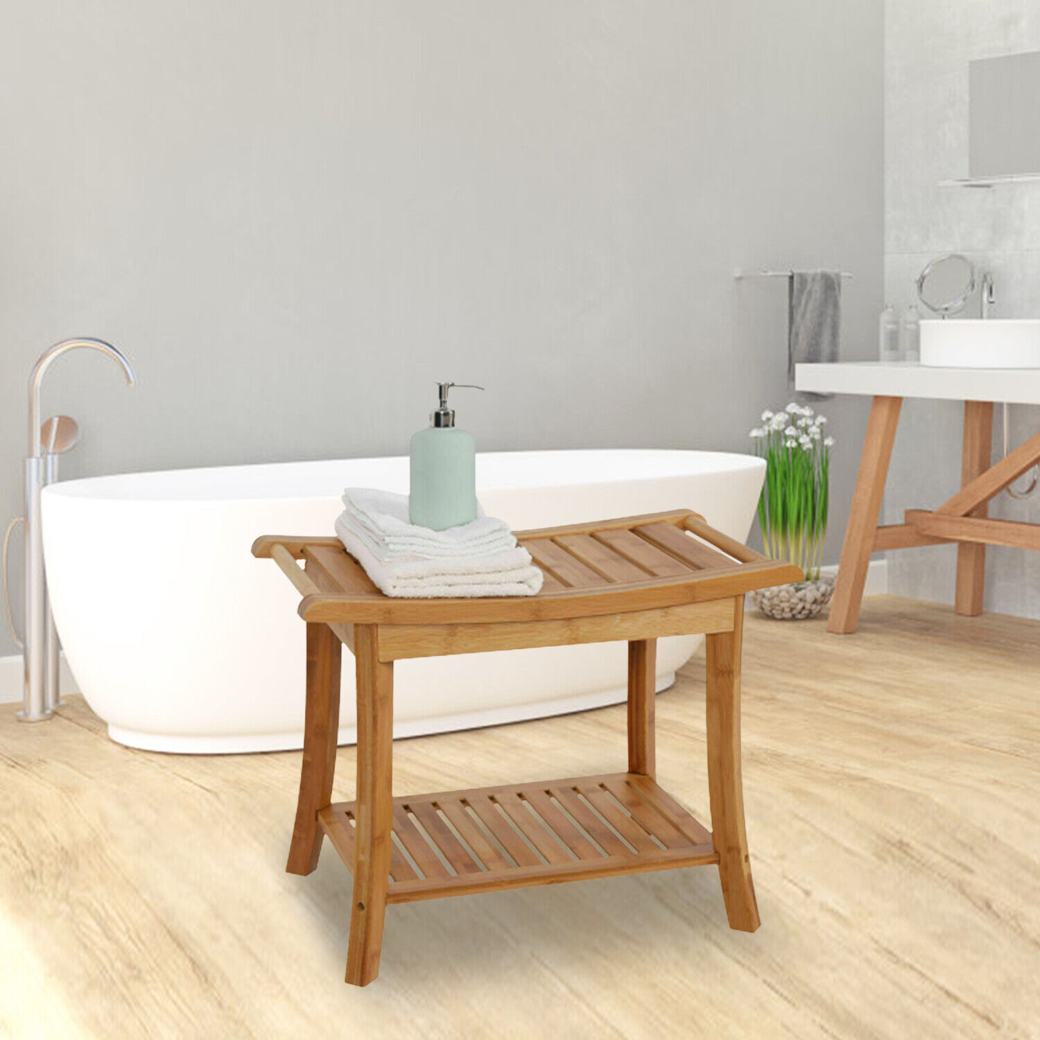Bamboo Shower Seat Bench Bathroom Spa Bath Chair Organizer Stool Storage Shelf