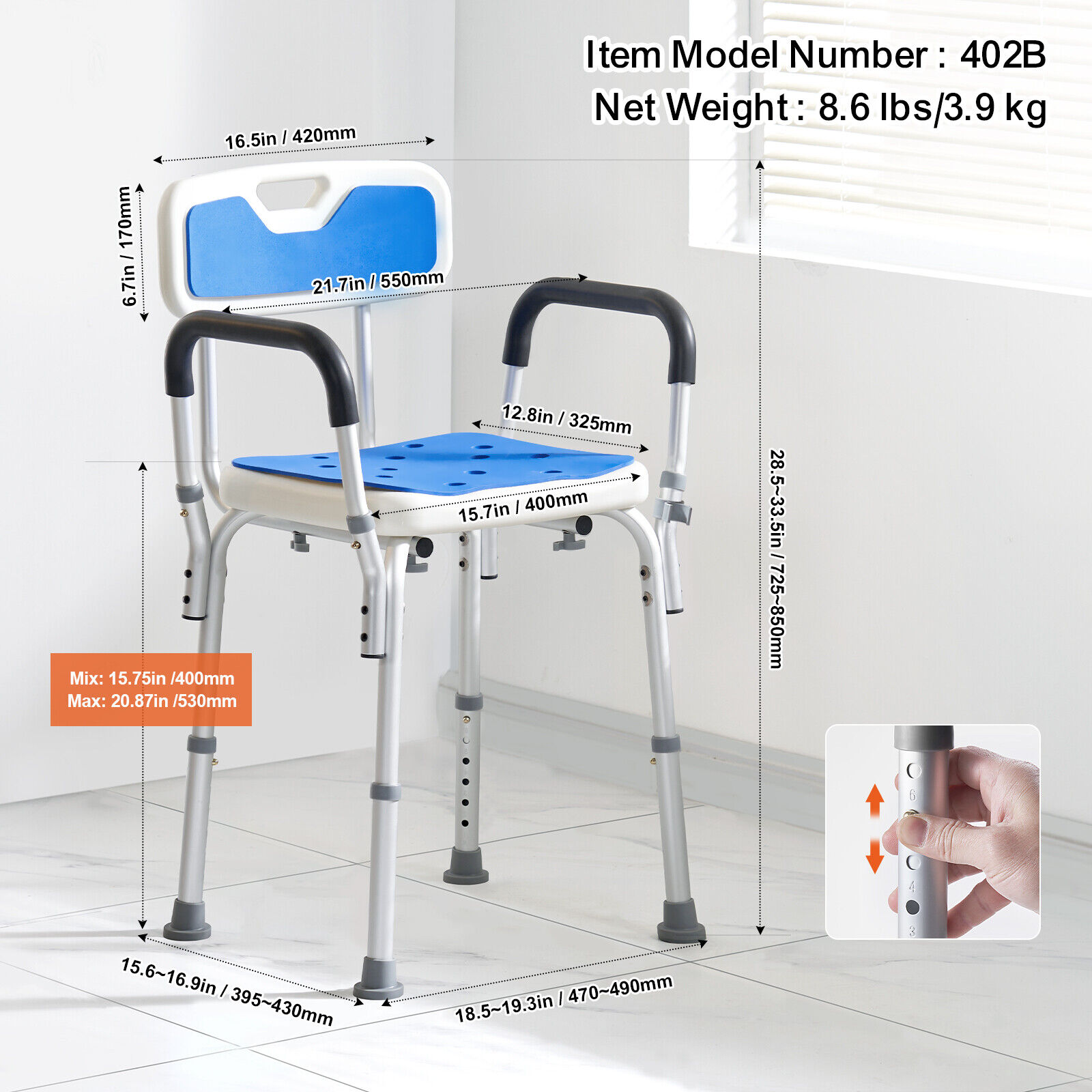 VEVOR Shower Chair Bath Bench Arms Back for Inside Tub Adjustable Height 400lbs