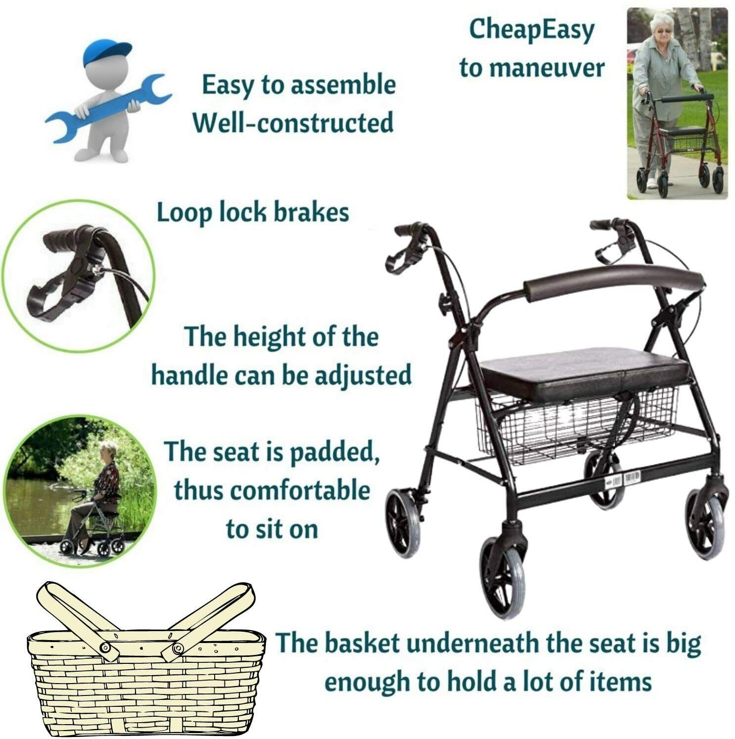 Heavy Duty Rollator Walker for Seniors, 400LB Capacity
